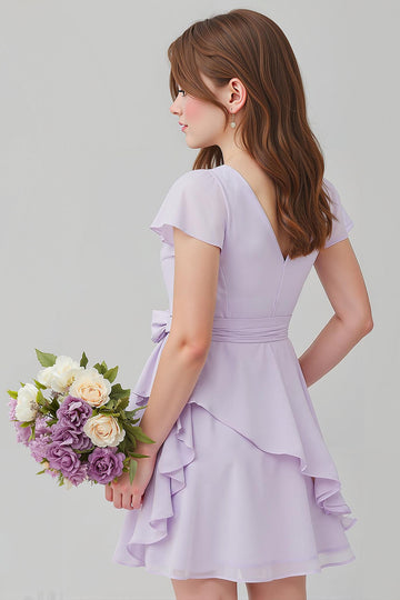 Violet en mousseline de soie V-col A-ligne Short Junior Demoiselle d’honneur Robe avec Volants